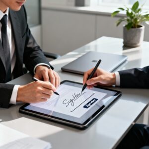 Pessoa assinando documento eletronicamente em tablet com certificado digital